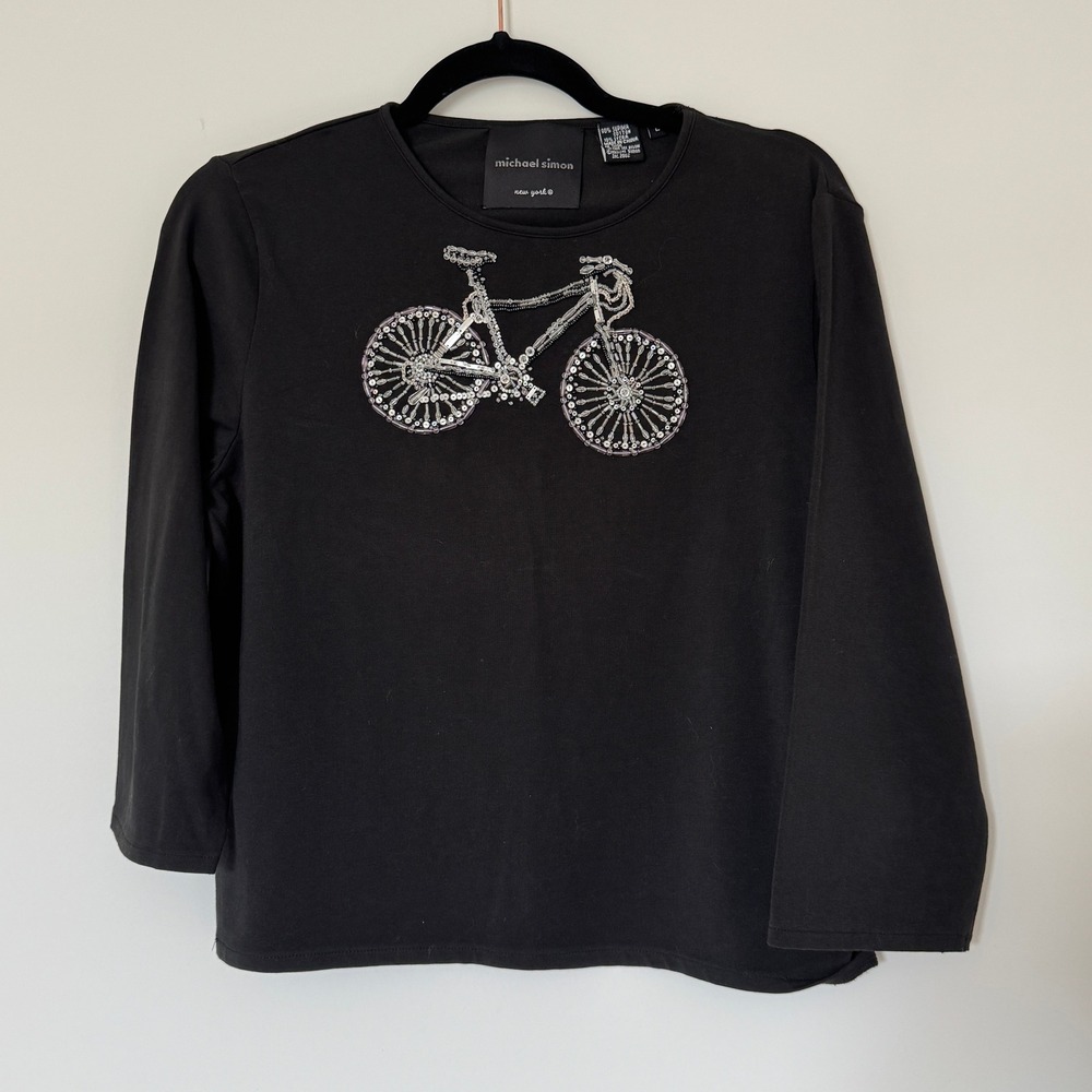 Michael Simon Black Beaded Bicycle Top Supima Cotton Long Sleeve Size L